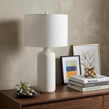 31" White Round Bedside Lamp With Drum Shade
