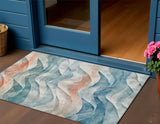 3' X 5' Teal Blue And Peach Abstract Washable Indoor Outdoor Area Rug