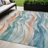 5' X 8' Teal Blue And Peach Abstract Washable Indoor Outdoor Area Rug