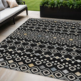 5' X 8' Black Ivory And Blue Geometric Washable Indoor Outdoor Area Rug
