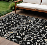 8' X 10' Black Ivory And Blue Geometric Washable Indoor Outdoor Area Rug