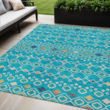 5' X 8' Teal Blue Ivory And Gold Geometric Washable Indoor Outdoor Area Rug