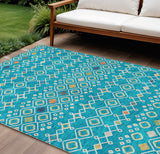 8' X 10' Teal Blue Ivory And Gold Geometric Washable Indoor Outdoor Area Rug