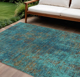 8' X 10' Teal Blue Navy Blue And Brown Abstract Washable Indoor Outdoor Area Rug