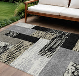 8' X 10' Black Taupe And Ivory Geometric Washable Indoor Outdoor Area Rug
