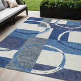 5' X 8' Blue And Ivory Geometric Washable Indoor Outdoor Area Rug
