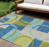 8' X 10' Denim Blue And Lime Green Geometric Washable Indoor Outdoor Area Rug