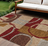 5' X 8' Wheat And Burgundy Geometric Washable Indoor Outdoor Area Rug