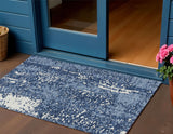3' X 5' Denim Blue And Ivory Abstract Washable Indoor Outdoor Area Rug