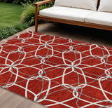 8' X 10' Red And Ivory Geometric Washable Indoor Outdoor Area Rug