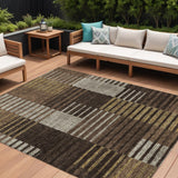8' X 10' Chocolate Ivory And Gold Striped Washable Indoor Outdoor Area Rug