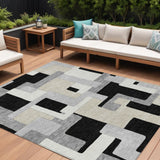 8' X 10' Black Ivory And Beige Geometric Washable Indoor Outdoor Area Rug
