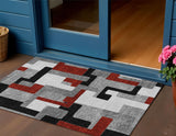 3' X 5' Gray Ivory And Red Geometric Washable Indoor Outdoor Area Rug