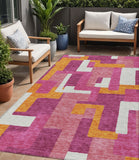 5' X 8' Pink Ivory And Orange Geometric Washable Indoor Outdoor Area Rug
