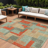 8' X 10' Sage Gray And Orange Geometric Washable Indoor Outdoor Area Rug