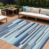 8' X 10' Blue Gray And Ivory Striped Washable Indoor Outdoor Area Rug
