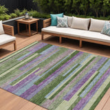 8' X 10' Moss Green Olive Green And Purple Striped Washable Indoor Outdoor Area Rug