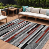 8' X 10' Gray Black And Red Striped Washable Indoor Outdoor Area Rug
