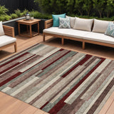 8' X 10' Merlot Burgundy And Beige Striped Washable Indoor Outdoor Area Rug