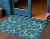 3' X 5' Teal Blue And Beige Geometric Washable Indoor Outdoor Area Rug