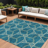 8' X 10' Teal Blue And Beige Geometric Washable Indoor Outdoor Area Rug