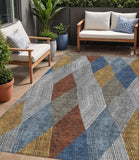 5' X 8' Gray Gold And Blue Argyle Washable Indoor Outdoor Area Rug