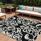 8' X 10' Black And Ivory Damask Washable Indoor Outdoor Area Rug
