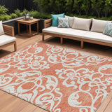 8' X 10' Coral And Ivory Damask Washable Indoor Outdoor Area Rug