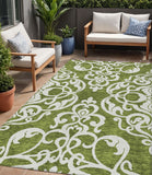 5' X 8' Green And Ivory Damask Washable Indoor Outdoor Area Rug