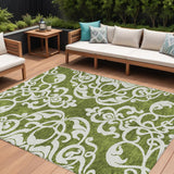 8' X 10' Green And Ivory Damask Washable Indoor Outdoor Area Rug