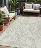 5' X 8' Ivory And Beige Damask Washable Indoor Outdoor Area Rug