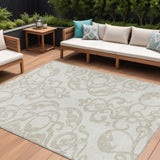 8' X 10' Ivory And Beige Damask Washable Indoor Outdoor Area Rug