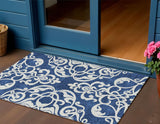 3' X 5' Navy Blue And Ivory Damask Washable Indoor Outdoor Area Rug