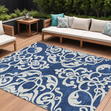8' X 10' Navy Blue And Ivory Damask Washable Indoor Outdoor Area Rug