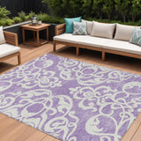 8' X 10' Purple And Ivory Damask Washable Indoor Outdoor Area Rug