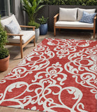 5' X 8' Red And Ivory Damask Washable Indoor Outdoor Area Rug