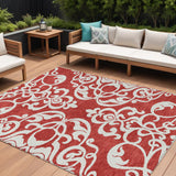8' X 10' Red And Ivory Damask Washable Indoor Outdoor Area Rug