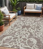 5' X 8' Taupe And Ivory Damask Washable Indoor Outdoor Area Rug