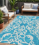 5' X 8' Turquoise And Ivory Damask Washable Indoor Outdoor Area Rug