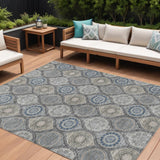 8' X 10' Gray Ivory And Navy Blue Floral Medallion Washable Indoor Outdoor Area Rug