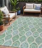 5' X 8' Sage Ivory And Teal Blue Floral Medallion Washable Indoor Outdoor Area Rug