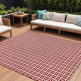 8' X 10' Red And Ivory Geometric Washable Indoor Outdoor Area Rug