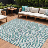 8' X 10' Teal Blue And Ivory Geometric Washable Indoor Outdoor Area Rug