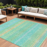 8' X 10' Aqua Green And Yellow Striped Washable Indoor Outdoor Area Rug