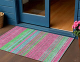3' X 5' Blush Lime Green And Teal Blue Striped Washable Indoor Outdoor Area Rug