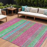 8' X 10' Blush Lime Green And Teal Blue Striped Washable Indoor Outdoor Area Rug