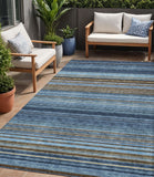 5' X 8' Navy Blue Sky Blue And Taupe Striped Washable Indoor Outdoor Area Rug