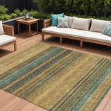 8' X 10' Wheat Brown And Teal Blue Striped Washable Indoor Outdoor Area Rug