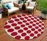 8' Red And Ivory Round Polka Dot Washable Indoor Outdoor Area Rug