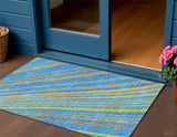 3' X 5' Denim Blue Sky Blue And Gold Striped Washable Indoor Outdoor Area Rug